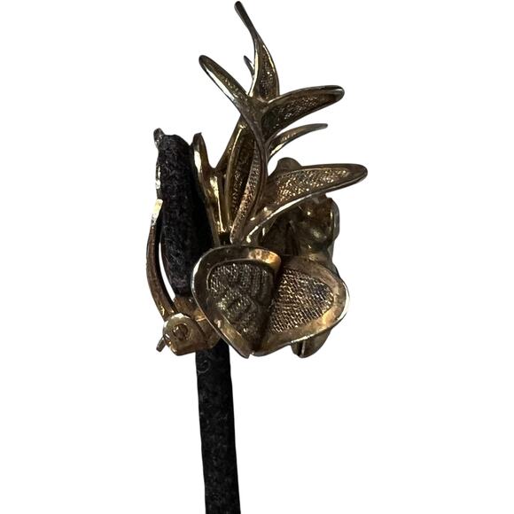 Vintage Bronze Flower Clip On Earrings Statement Petals Crystal Center - Picture 9 of 12